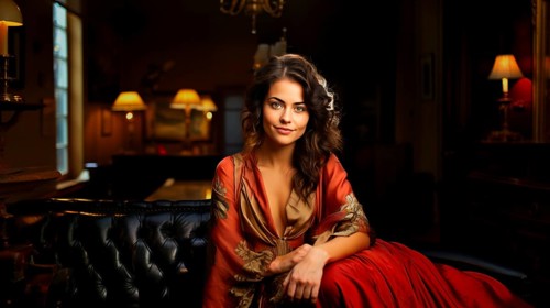 Beautiful young woman dressed in a red dress, sitting in a salon on a black leather sofa, AI