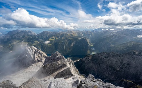 View from the rocky summit of the Watzmann Mittelspitze, view of mountain panorama with Steinernes