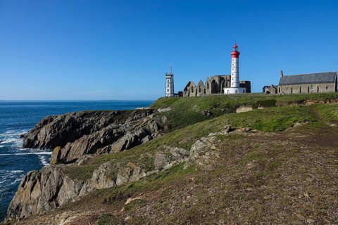 Semaphore, ruins of Saint-Mathieu Abbey, lighthouse and Notre Dame de Grace chapel on the Pointe