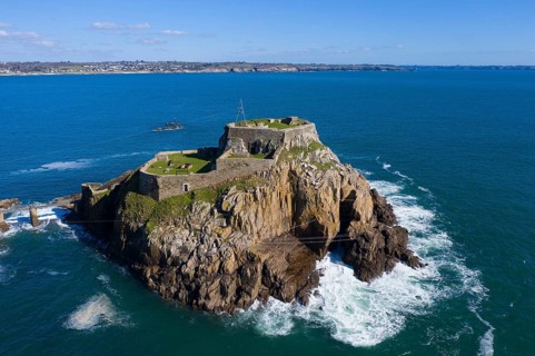Aerial view of Fort de Bertheaume on a rock off the coast in Plougonvelin on the Atlantic coast at
