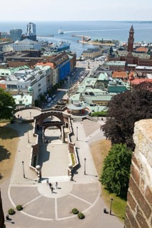 City view Helsingborg, below the entrance to Kaernan, behind the Oeresund, Skane laen, Sweden,