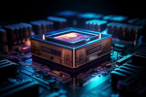 Close-up of a computer processor chip CPU on a motherboard with glowing neon lights. The chip is