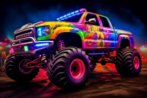 Monster truck illuminated by neon lights, excitement and thrill of an extreme sport and