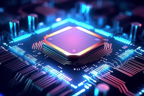 Close-up of a computer processor chip CPU on a motherboard with glowing neon lights. The chip is