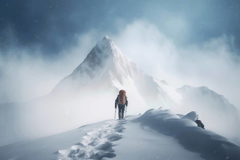 A mountaineer in mountains approaching a majestic snowy mountain peak amidst a snowfall and snow