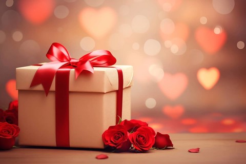 Gift adorned with a red ribbon, accompanied by vibrant red roses, set against a backdrop of soft