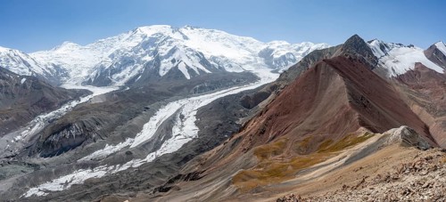 High mountain landscape with glacier moraines and glacier tongues, glaciated and snow-covered