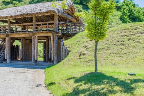 Wooden gate of traditional village made of logs and wooden planks with house jacks holding up