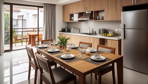 A sleek modern kitchen with a dining table set for a meal, illuminated by natural and pendant