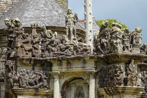 Calvary Calvaire, granite stone carving, Enclos Paroissial parish enclosure of Guimiliau, Finistere