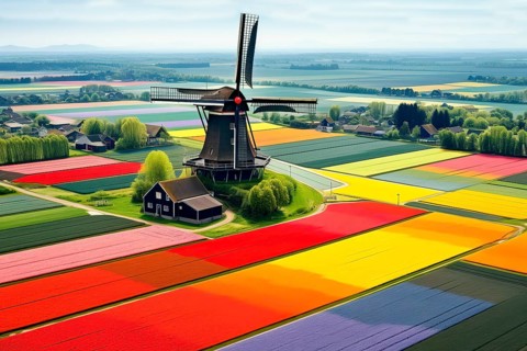 Aerial view of a Windmill in a colorful tulip field environment, The Netherlands, AI Generated, AI