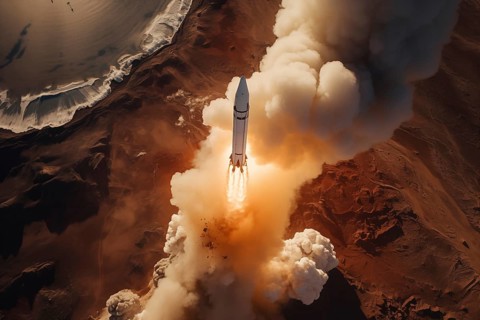 Aerial view of a rocket launch at sunrise sunset over an ocean coast. The rocket is blasting off