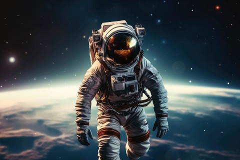 Astronaut Floating Above Earth in Space with extravehicular mobility unit and backpack. Wonder and