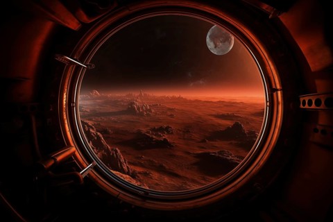 Mars landscape seen through spaceship window illuminator. Concept of extraterrestrial journey space
