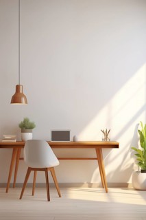 A bright and airy minimalist workspace featuring a wooden desk, white chair, laptop, and indoor