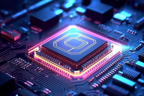 Close-up of a computer processor chip CPU on a motherboard with glowing neon lights. The chip is