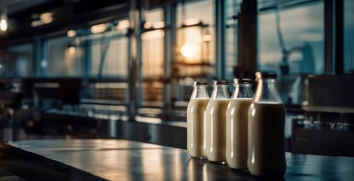 Plant for the production of milk and dairy products, conveyor belt with bottles of milk, AI