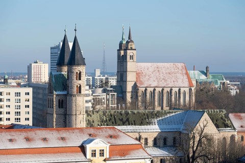 Kloster Unser Lieben Frauen, behind it St John's Church, Magdeburg, Saxony-Anhalt, Germany, Europe