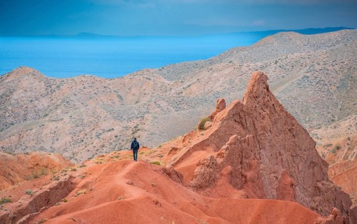 Hiker in front of eroded mountain landscape, sandstone cliffs, canyon with red and orange rock