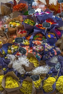 Fresh cut flowers on a sales trolley, Genoa, Italy, Europe