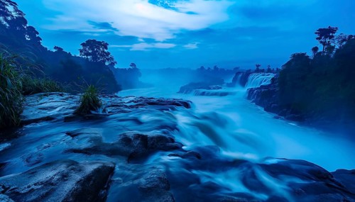 A serene twilight scene with a waterfall flowing from Inga fall in the democratic republic of Congo