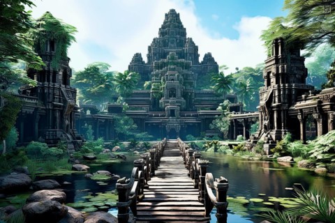 Surrealist aerial view of the Angkor Vat temples, Cambodia, AI Generated, AI generated, Asia