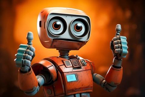 Orange robot showing a thumbs up gesture. The friendly robot has big round eyes and a friendly