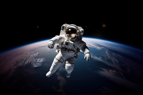 Astronaut Floating Above Earth in Space with extravehicular mobility unit and backpack. Wonder and