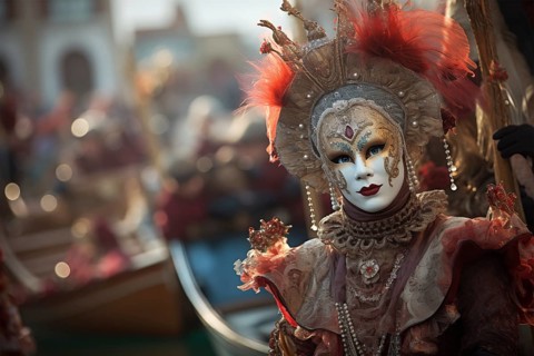 A person adorned in a richly detailed and colorful carnival costume, complete with an elaborate