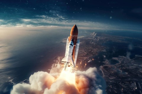 Aerial view of a rocket shuttle carrier launch at sunrise over an ocean coast. The rocket is