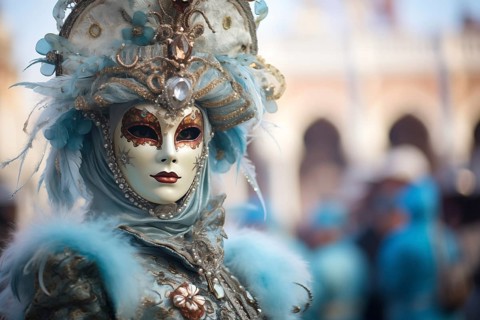 A person adorned in an elaborate and elegant costume, capturing the essence of the Venice Carnival