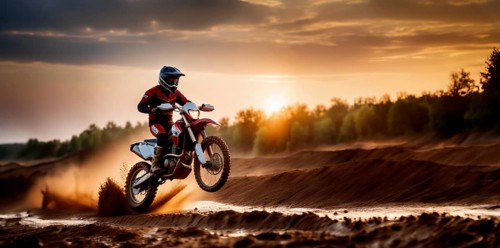 Motocross on an enduro motorcycle through mud and sand, a motorcyclist in gear and a helmet rides