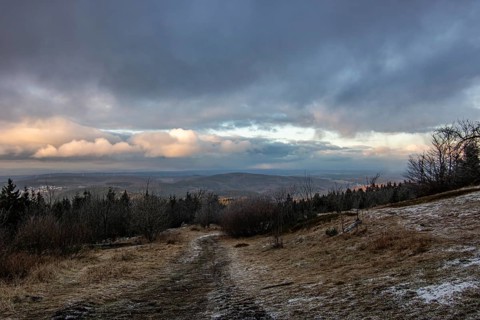 Landscape on the Grosser Feldberg, Taunus volcanic region. A cloudy, sunny winter day, meadows,