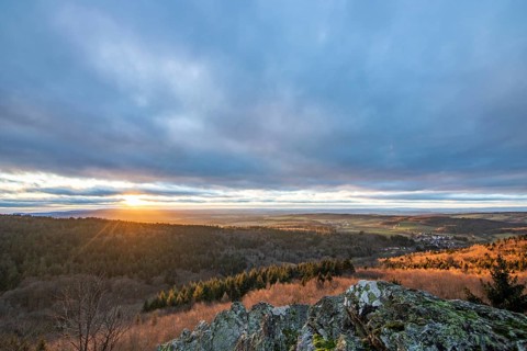 Landscape at the Grosser Zacken, Taunus volcanic region. A cloudy, sunny autumn day, meadows,