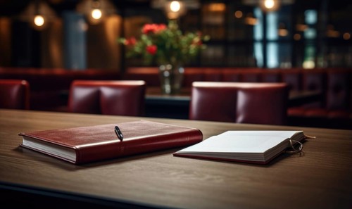 An elegant meeting space with two notebooks, a pen on a wooden table, and red leather seats AI