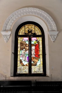Church window, coloured window in the mausoleum, church on the Cementerio de Cristobal Colon,