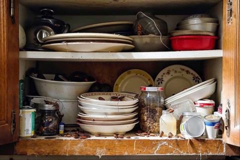 A messy and dirty, heavily cockroach-infested (Blattodea), cluttered kitchen cupboard with crockery