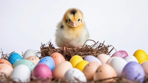 A chick stands in a nest surrounded by colorful Easter eggs against a white backdrop, conveying a