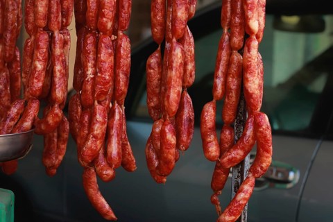 Close up of traditional cambodian beef sausages called twa koh, authentic khmer cuisine and culture