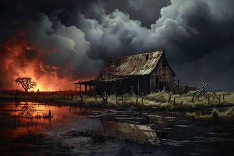 Burning field at night behind an old barn, AI Generated, AI generated