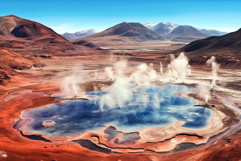 Surrealist aerial view of the Tatio geyser in the Atacama desert, Chile, AI Generated, AI