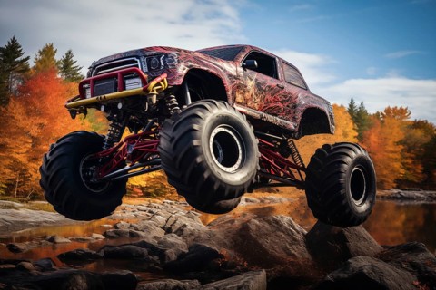 Monster truck driving and jumping outdoors amidst a cloud of dust. Thrill and adrenaline of an