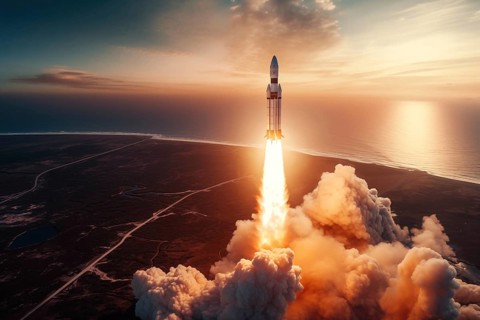 Aerial view of a rocket launch at sunrise sunset over an ocean coast. The rocket is blasting off