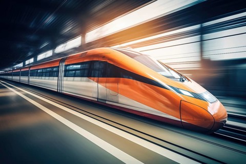 Modern high speed train in a futuristic train station. Modern transportation technology, speed,