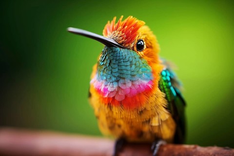 Stunning close-up captures the radiant colors and intricate details of a hummingbird, showcasing