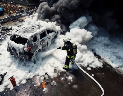 A firefighter in full gear uses a hose with chemical white foam to extinguish flames engulfing