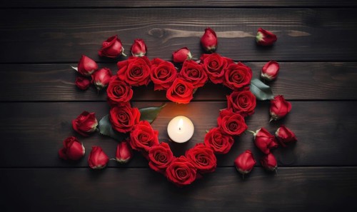 Heart-shaped arrangement of red roses with a single candle on a wooden surface AI generated