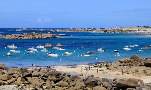 Granite rock formations on the beach of the English Channel near the village of Meneham, Menez Ham,