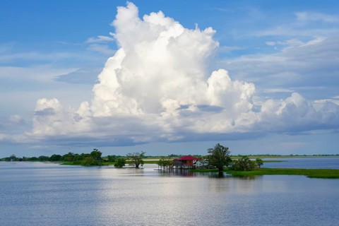 Wooden houses on stilts in the Itapicuru laguna, Para state, Brazil, South America