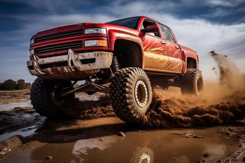 Monster truck driving outdoors amidst a cloud of dust. Thrill and adrenaline of an outdoor racing